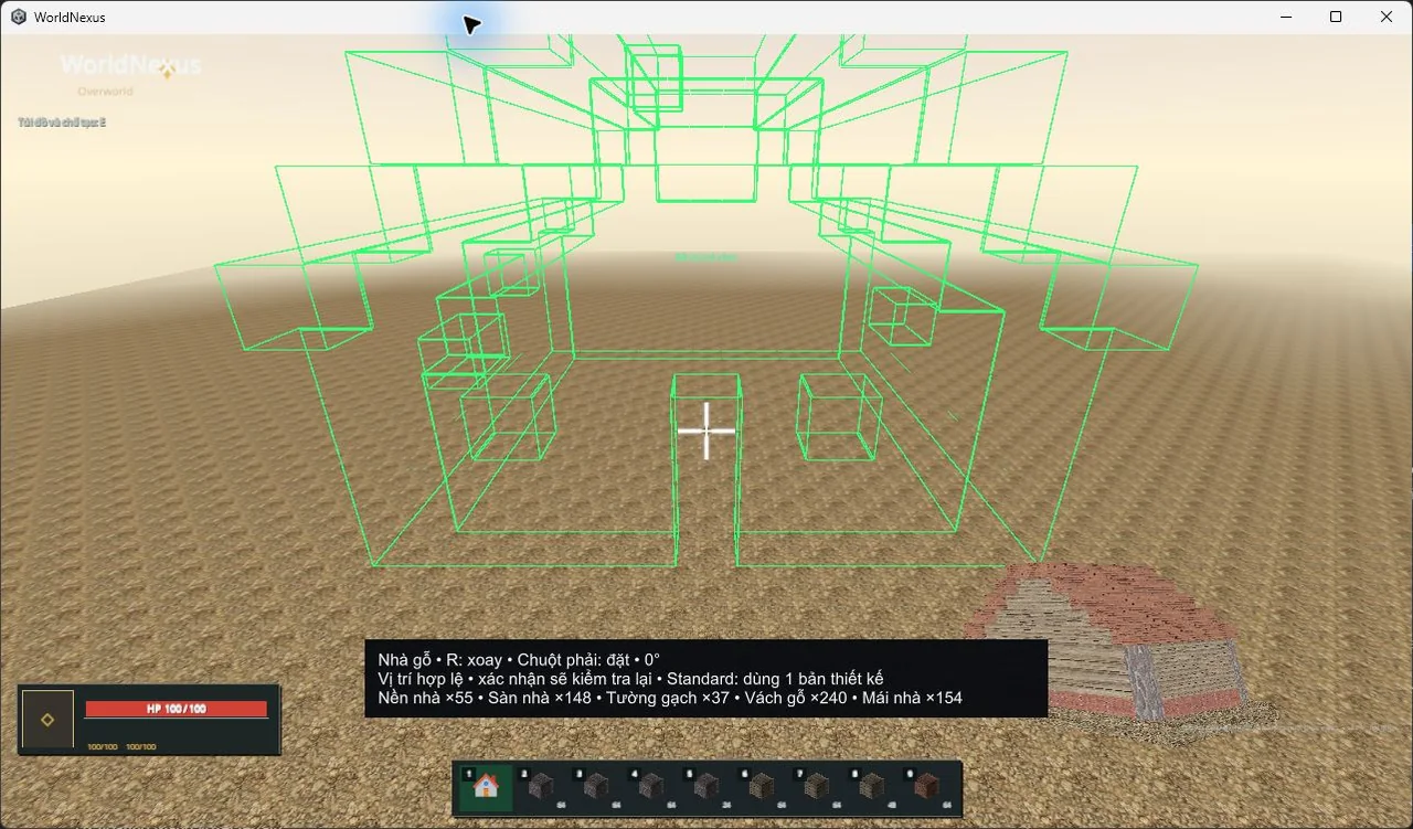 A translucent house placement preview in a voxel survival development scene, with the development interface visible.