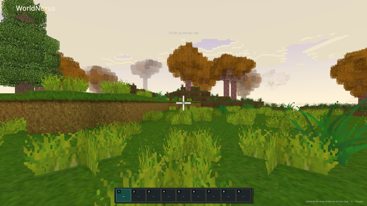 A first-person view of grassy voxel terrain and autumn-colored trees in WorldNexus, with the crosshair and hotbar visible.