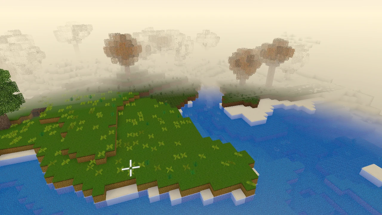 An elevated runtime view of grassy voxel hills, trees and blue water along a block-shaped shoreline in WorldNexus.